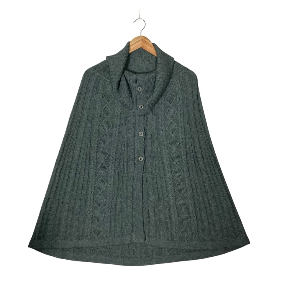 ANTHROPOLOGIE After The Rain Sweater Poncho Wool Blend Cable Knit Gray-Green